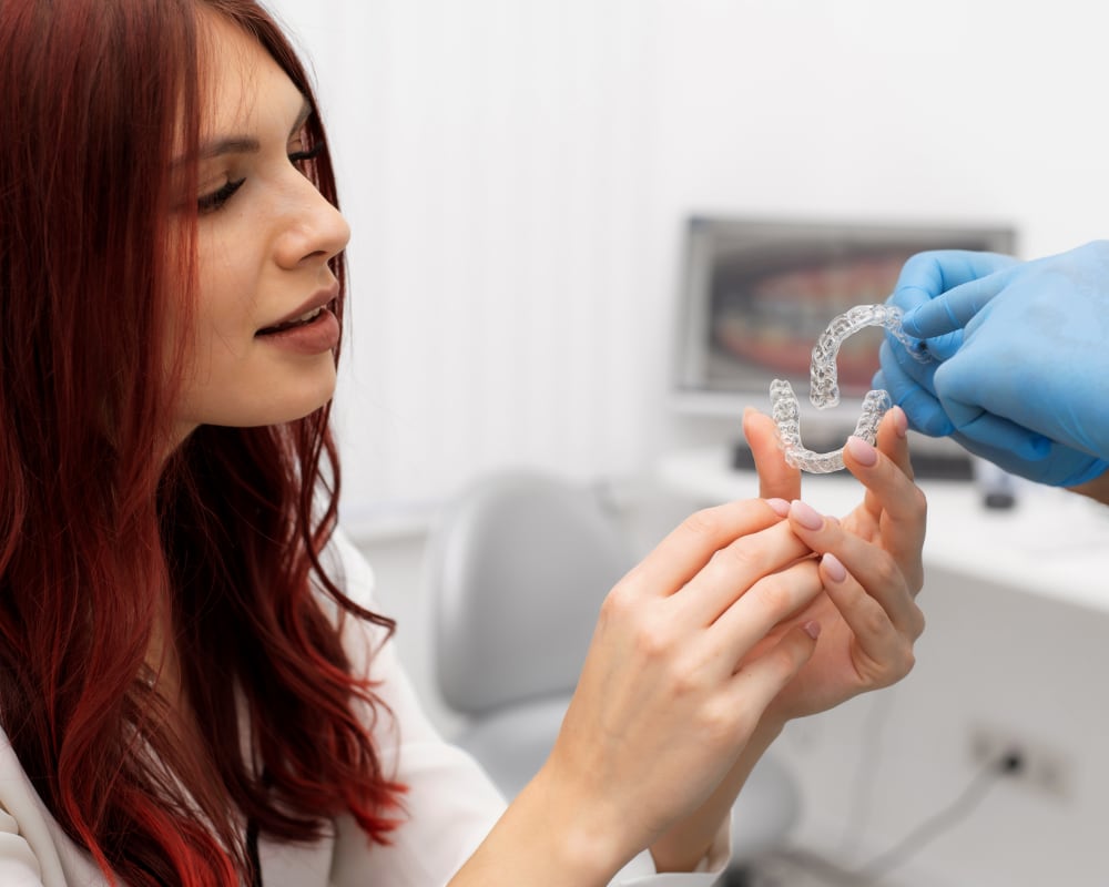 A female patient is being handed a set of Invisalign Clear Aligners